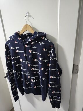 Champion Navy Allover Logo Hoodie